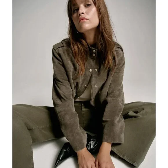 Alfani Leather Suede Short Boho Biker Standup Neck Jacket Dark Olive Green - Picture 14 of 14